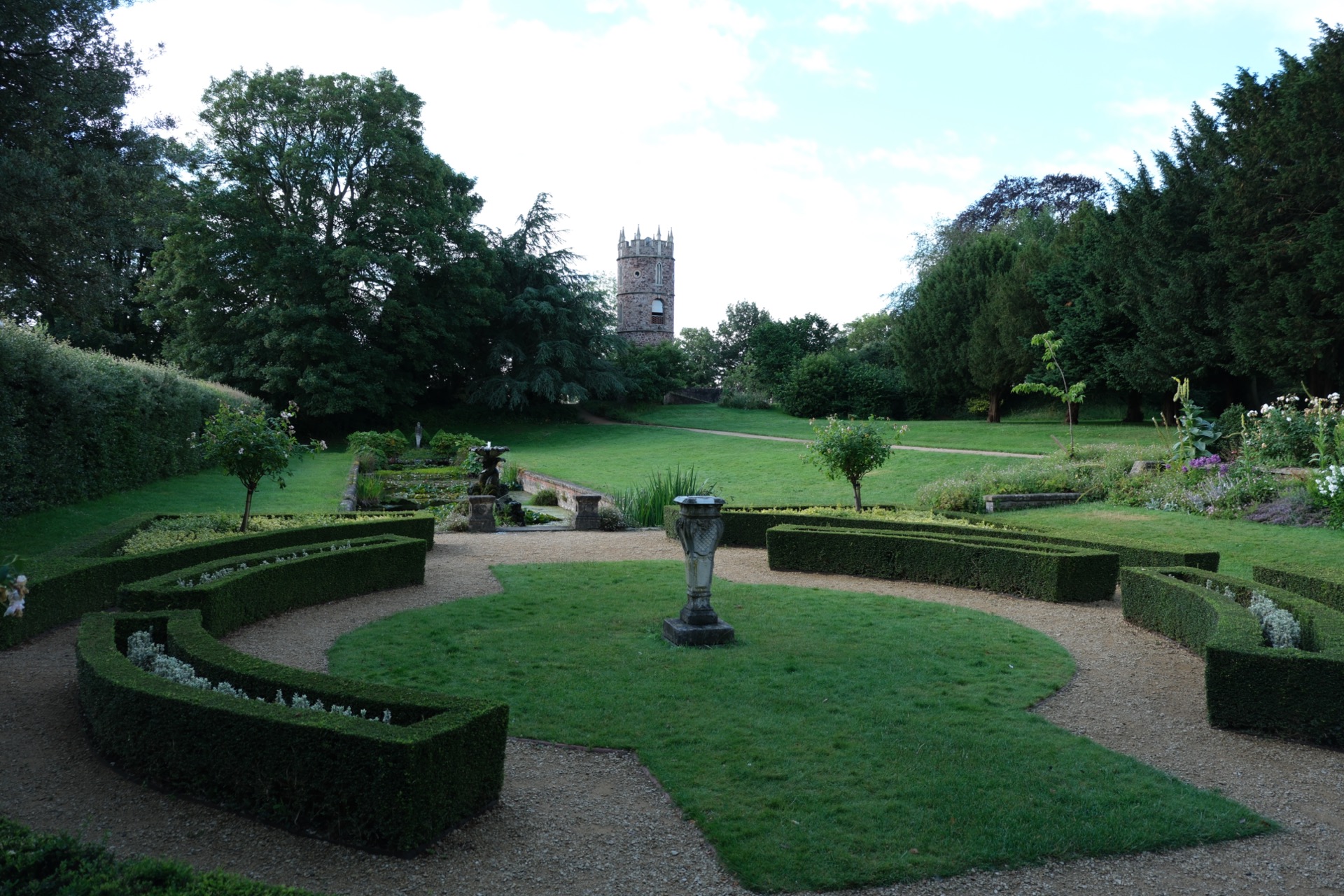 Formal gardens at Goldney Hall with the tower beyond