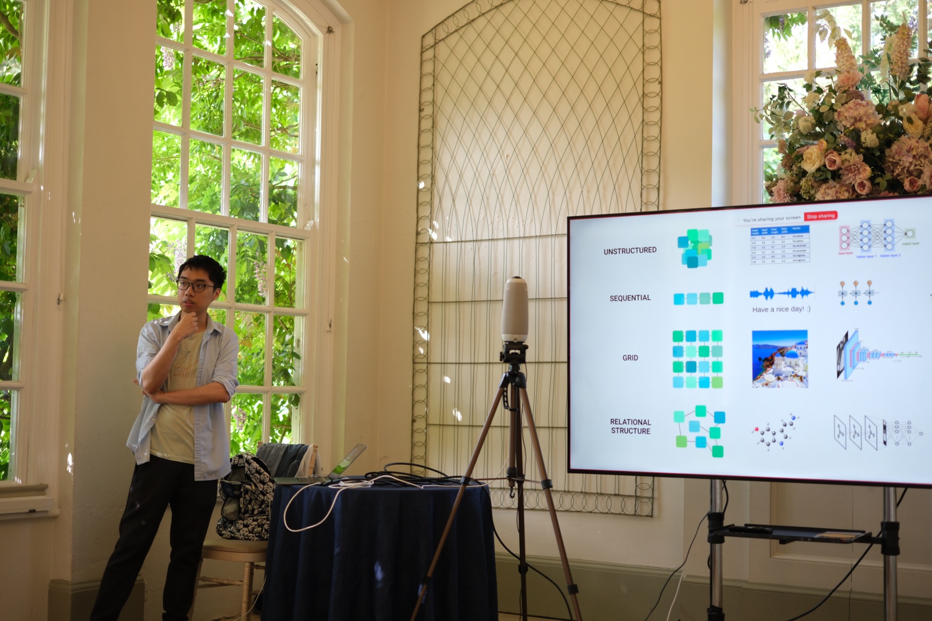 Research presenter speaking beside a full presentation slide